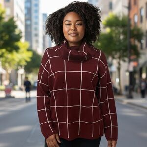 Chic Burgundy Grid Turtleneck Window Pane Sweater